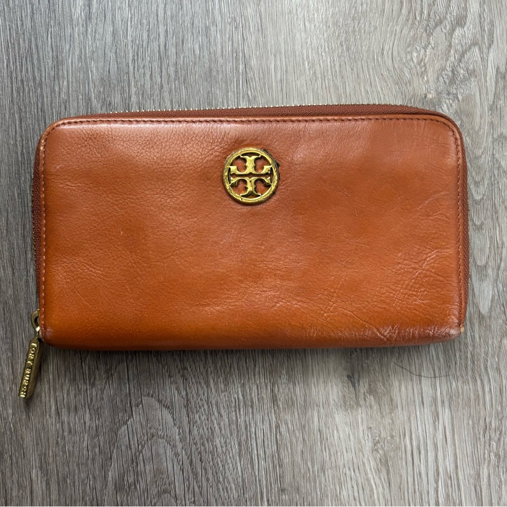 Tory Burch Leather Zip-Around Wallet in Cognac Brown with Gold Logo